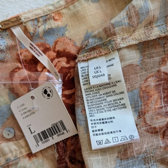 Free People Top Blouse Short Sleeve Deep V-Neck Floral Print Linen Ivory L NWT - Picture 15 of 16